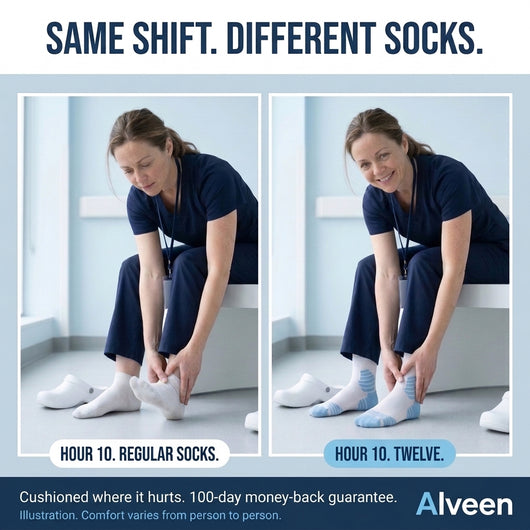 Twelve Cushioned Nurse Socks, Crew Length for 12-Hour Shifts