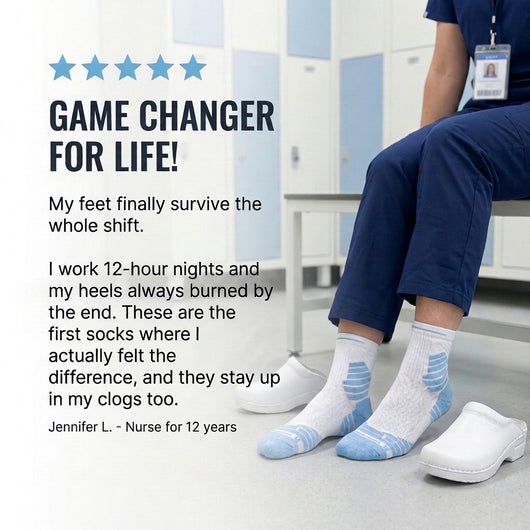 Twelve Cushioned Nurse Socks, Crew Length for 12-Hour Shifts